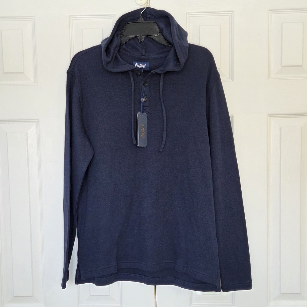 MEN'S OXFORD NAVY BLUE HOODIE HENLEY PULLOVER SWEATER SWEATSHIRT NEW MEDIUM